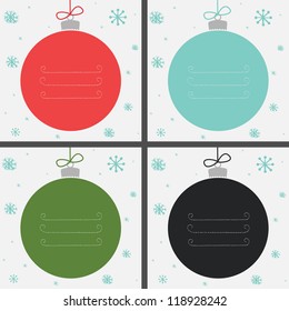 Set of four Christmas baubles in different colors with snowflakes and place for your text. Vector illustration.