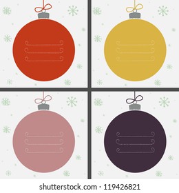 Set of four Christmas baubles in different colors with snowflakes and place for your text. Vector illustration.