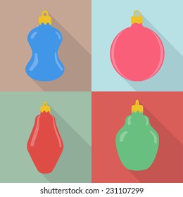 Set of four christmas baubles with long shadows. EPS10 vector illustration