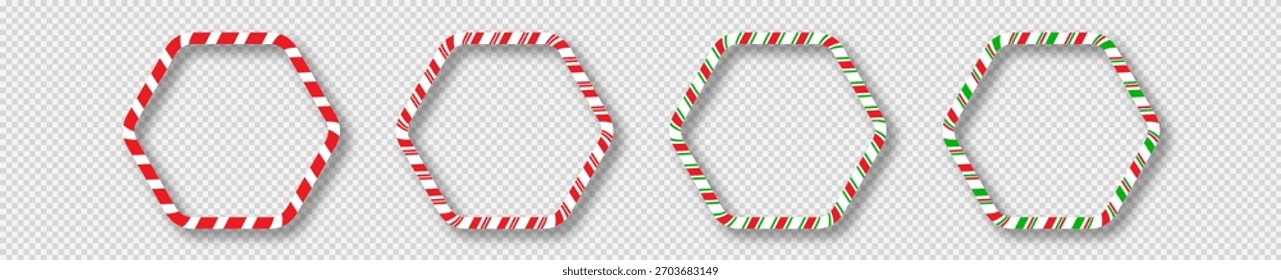 Set of four Christmas candy canes hexagon frames with red, green and white stripes. Perfect for holiday cards, banners, or festive templates. Vector illustration