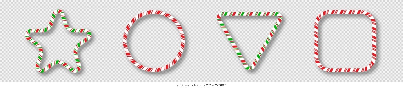 Set of four Christmas candy canes round frames with red, green and white stripes. Perfect for holiday cards, banners, or festive templates. Vector illustration