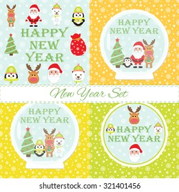 Set of four Christmas card with Santa Claus, Penguin, White Bear, Rabbit, Reindeer, Christmas tree and Snow globe. Seamless winter background with snowflakes. Vector image. 