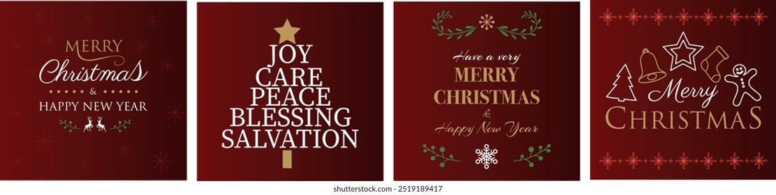 Set of four Christmas cards. Merry Christmas and Happy New Year. Vector illustration
