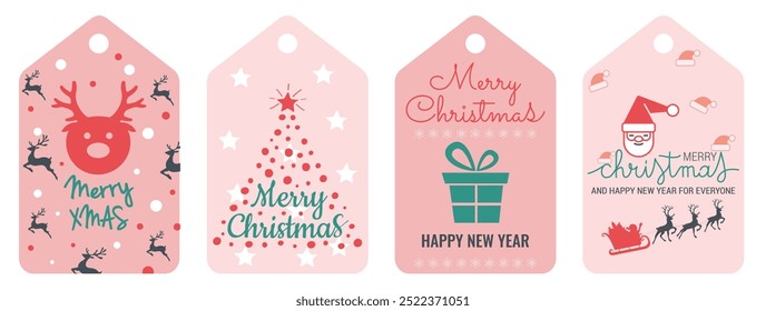 Set of four Christmas cards. Merry Christmas and Happy New Year. Vector illustration. Gift tags.
