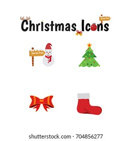 Set of four Christmas Colorful Detailed Icons including North Pole Direction and Snowman, Xmas, Ribbon and Sock on white background