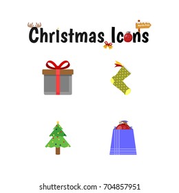 Set of four Christmas Colorful Detailed Icons including Giftbox, Sock, xmas and Bag on white background