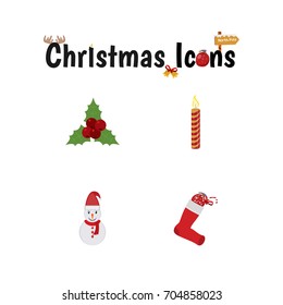 Set of four Christmas Colorful Detailed Icons including Fruites, Candle, Snowman and Sock on white background
