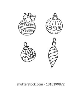 A set of four Christmas decorations for the tree. Various shapes. Festive winter concept. Doodle style. Vector illustration on isolated background. For printing on fabric, postcards, web.