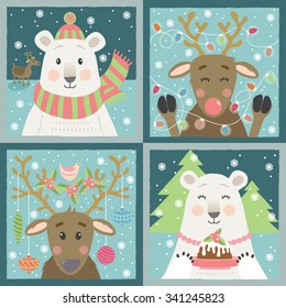 Set of four Christmas designs with polar bears and reindeers