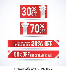 Set of four Christmas discount horizontal banners with information about special offer only this month and discounted prices off end of seasonal sale on red fields with bows vector illustration