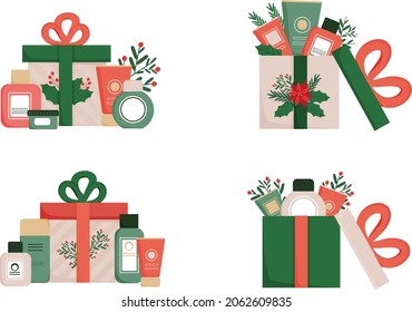 Conjunto de cuatro cajas de regalo de navidad con cosméticos. Productos para el cuidado facial y corporal con decoración navideña en el suelo de cajas de regalo. Crema, champú, loción, bálsamo. Ilustración vectorial en estilo plano