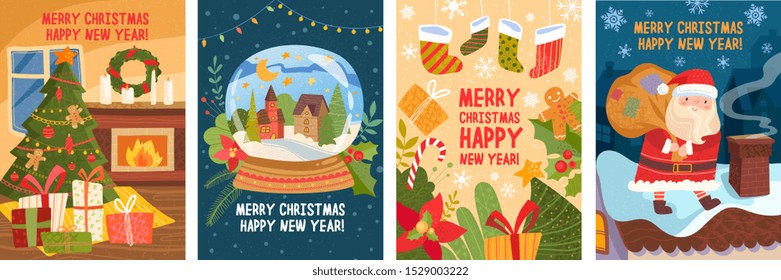 Set of four Christmas greeting card designs with text Merry Christmas Happy New Year and colorful Xmas scenes of a decorated tree, snow globe, decorations and Santa on the rooftop, vector illustration