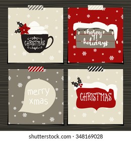 A set of four Christmas greeting card template designs on wood background.