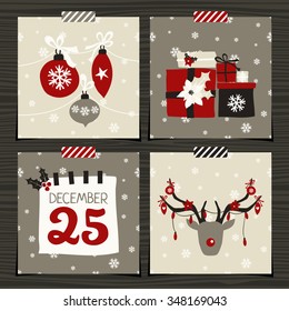 A set of four Christmas greeting card template designs on wood background.