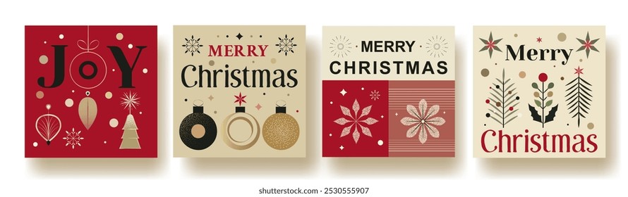 Conjunto de cuatro tarjetas de felicitación de Navidades con texto festivo 'Alegría' y Feliz Navidades. Incluye Elementos navideños como adornos, copos de nieve, árboles de Navidad y detalles decorativos en rojo, beige y negro