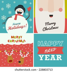 Set of four Christmas and New Year greeting cards. Santa Claus, funny snowman, deer on winter background and the words "Happy New Year"