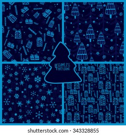 Set of four Christmas and New Year seamless pattern, vector collection