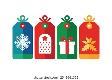 Un conjunto de cuatro etiquetas de regalo de Navidad en cuatro colores diferentes ilustración de Arte vectorial.