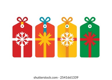 A set of four Christmas present tags in four different colors vector art illustration.