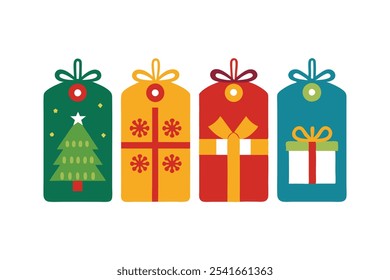 Un conjunto de cuatro etiquetas de regalo de Navidad en cuatro colores diferentes ilustración de Arte vectorial.