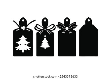 A set of four Christmas present tags in silhouette black color vector art illustration.