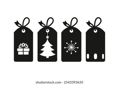 A set of four Christmas present tags in silhouette black color vector art illustration.