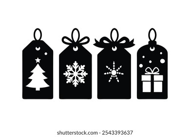 A set of four Christmas present tags in silhouette black color vector art illustration.