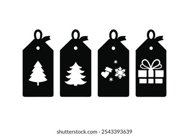 A set of four Christmas present tags in silhouette black color vector art illustration.