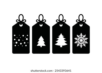 A set of four Christmas present tags in silhouette black color vector art illustration.