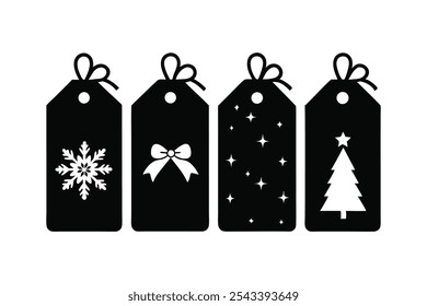 A set of four Christmas present tags in silhouette black color vector art illustration.