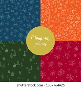 set of four Christmas seamless patterns. perfect for wallpaper, wrapping paper, product package, textile and fabric prints, bedding, scrapbooking etc. New year decor. festive background design.  