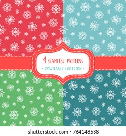 Set of four Christmas seamless vector patterns with snowflakes. These patterns are suitable for the design of wrapping paper, scrapbooking and so on.