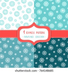 Set of four Christmas seamless vector patterns with snowflakes. These patterns are suitable for the design of wrapping paper, scrapbooking and so on.