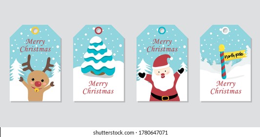 Set of four Christmas tags or cards collection. Hand drawn of christmas tags with reindeer, christmas tree, santa claus and north pole sign