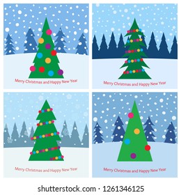 Set of four Christmas tree with bright toys in the forest in snowy weather. Vector illustration