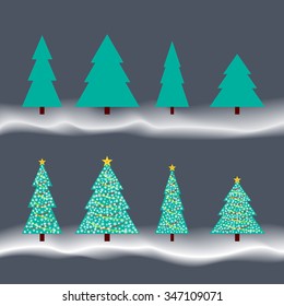 Set of four Christmas trees Beautiful town in a flat design and four balls decorated with ribbons and Christmas trees.