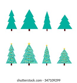 Set of four Christmas trees Beautiful town in a flat design and four balls decorated with ribbons and Christmas trees on a white background.