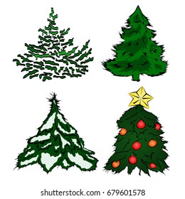 Set of four christmas trees in cartoon style. Vector illustration