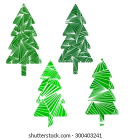 Set of four Christmas trees. Geometric pattern green hues. Isolated on white. Vector eps 10.