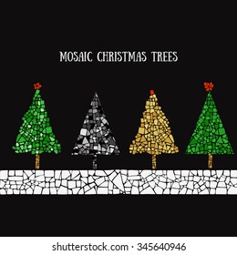 Set of four Christmas trees in Mosaic style. New Year trees.