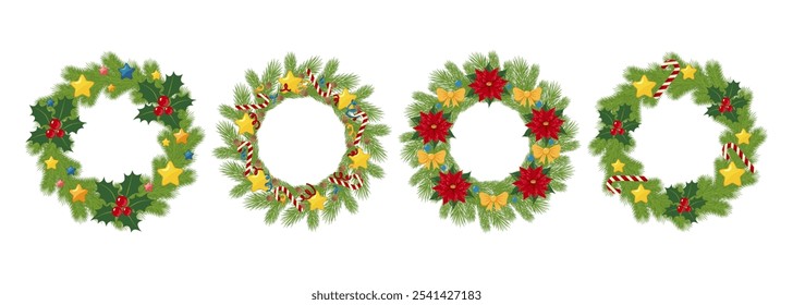 Set of four Christmas wreaths decorated with holly berry, poinsettias, stars, and candy canes on white background. Holiday decoration for New Year and Christmas celebration, greeting card, invitation.