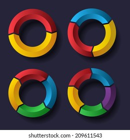 Set of four circle charts on dark background. eps10