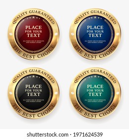 Set of four circle golden badge frames with diamonds, shadows and copy space. Vector illustration.