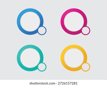 Set of four circles in blue, pink, teal, and yellow with smaller circles attached. Infographic elements.