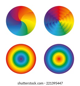 Set of four circles colors of the rainbow. Hypnosis, psychedelic, isolated objects on white background