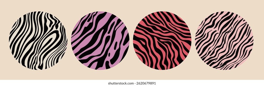 Set of four circular abstract vector designs with zebra-like wavy lines in black, pink, and cream tones, creating a playful and modern animal print effect.