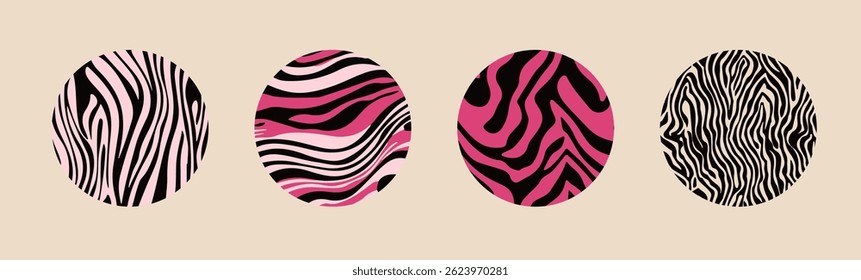 Set of four circular abstract vector designs with zebra-like wavy lines in black, pink, and cream tones, creating a playful and modern animal print effect.