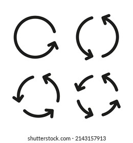 Set of four circular arrows. Rotate black arrow group. Recycle infographic elements. Vector isolated on white.