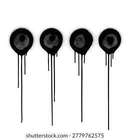 A set of four circular black paint splatters with long drips hanging down against a plain white background