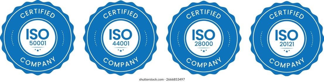 Un conjunto de cuatro sellos de empresa con certificación ISO azul circular